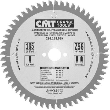 Пильный диск для цветных металлов и PVC 165X20X2,2/1,6 -6° TCG Z=56 CMT 296.165.56H ― CMT