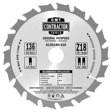 Пильный диск универсальный CMT 136x1.5/1.0x20 Z18 ATB 15°POS K13618H-X10 ― CMT