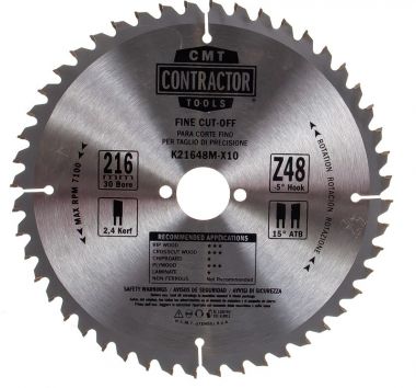 Комплект пильных дисков Contractor 216X30X2,4/1,6 15° ATB -5° Z=48 CMT K21648M-X10 ― CMT